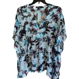 Lane Bryant Women's V-Neck Light Blue Floral Sheer Poncho Top Blouse Size 14/16